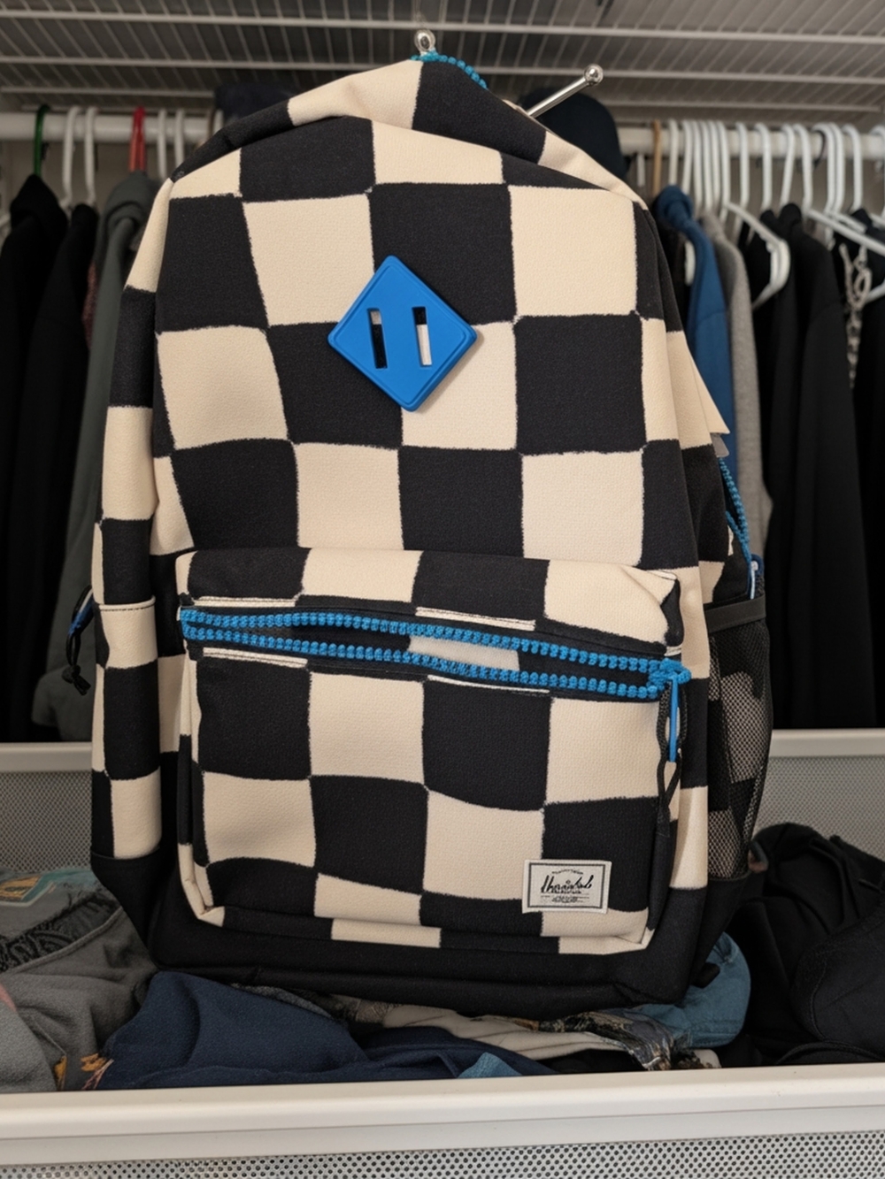 HERSHEL SUPPLY CO. Black and Cream Checkerboard Backpack with Blue Accents "NEW"